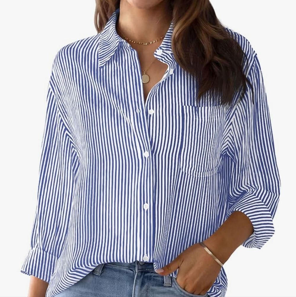Womens Blue / White Striped Button-down, Long Sleeve, NWT